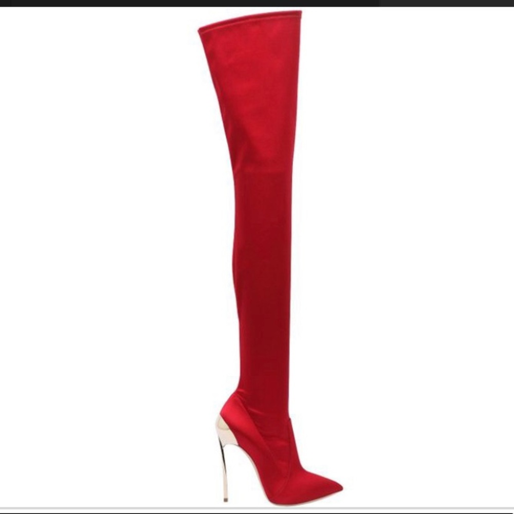 Casadei Red Satin techno blade thigh high boots